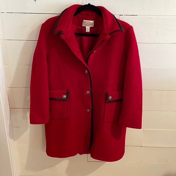 Talbots Jackets & Blazers - Talbots Red Boiled Wool Coat with Black Leather Trim and Gold Buttons, S…